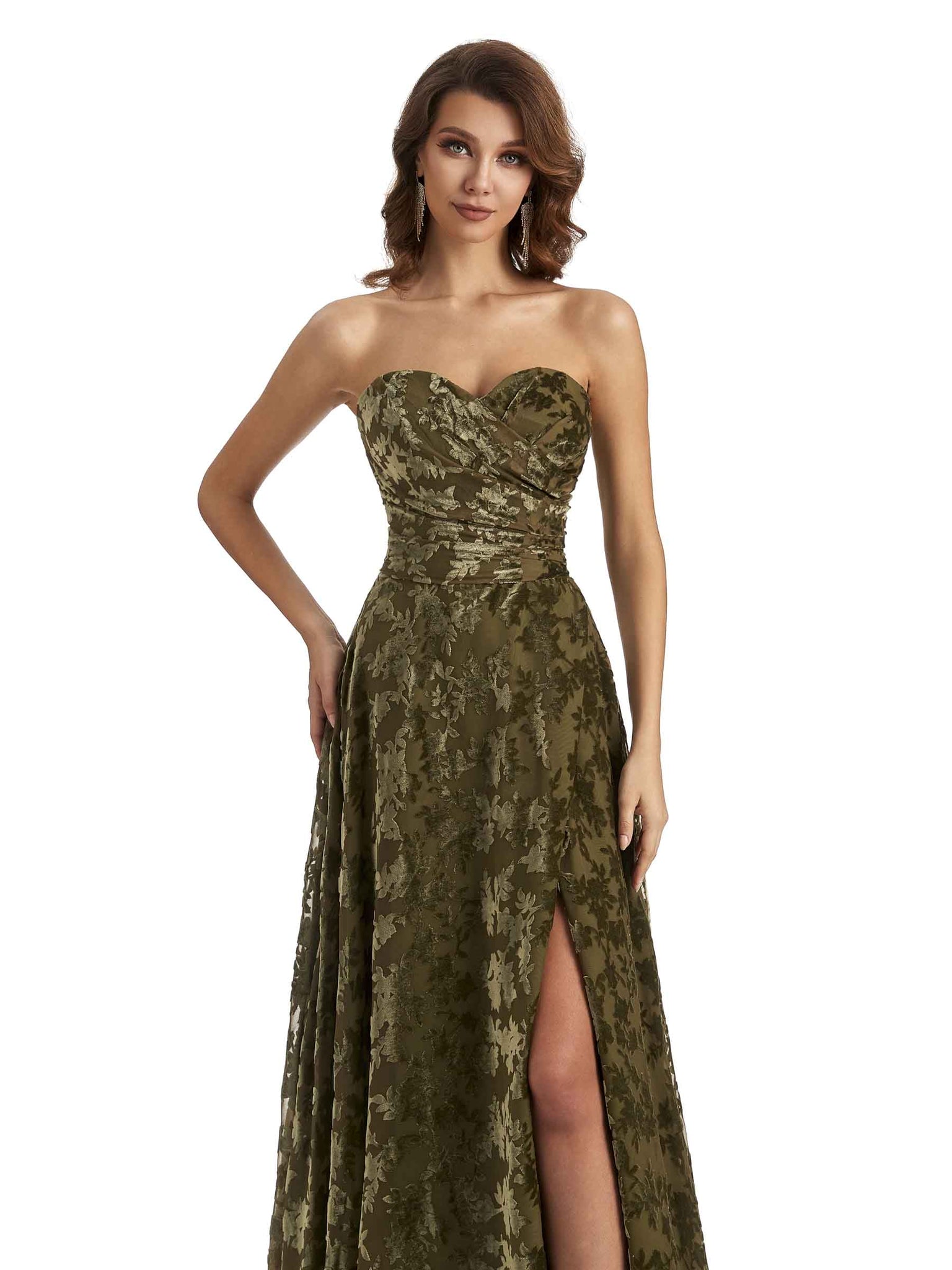 Sexy Side Slit Strapless Velvet Floral Sweetheart Long Bridesmaid Dresses UK Online