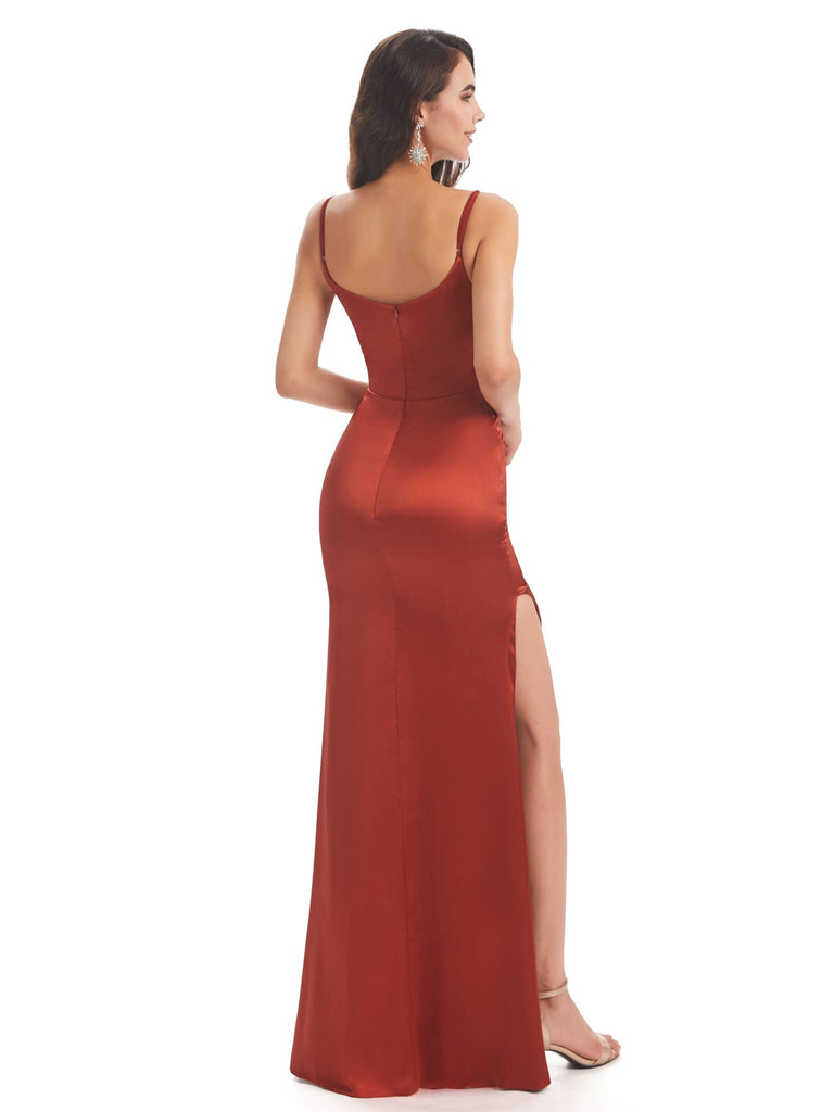 Sexy Side Slit Soft Satin Spaghetti Straps Mermaid Prom Dresses Online