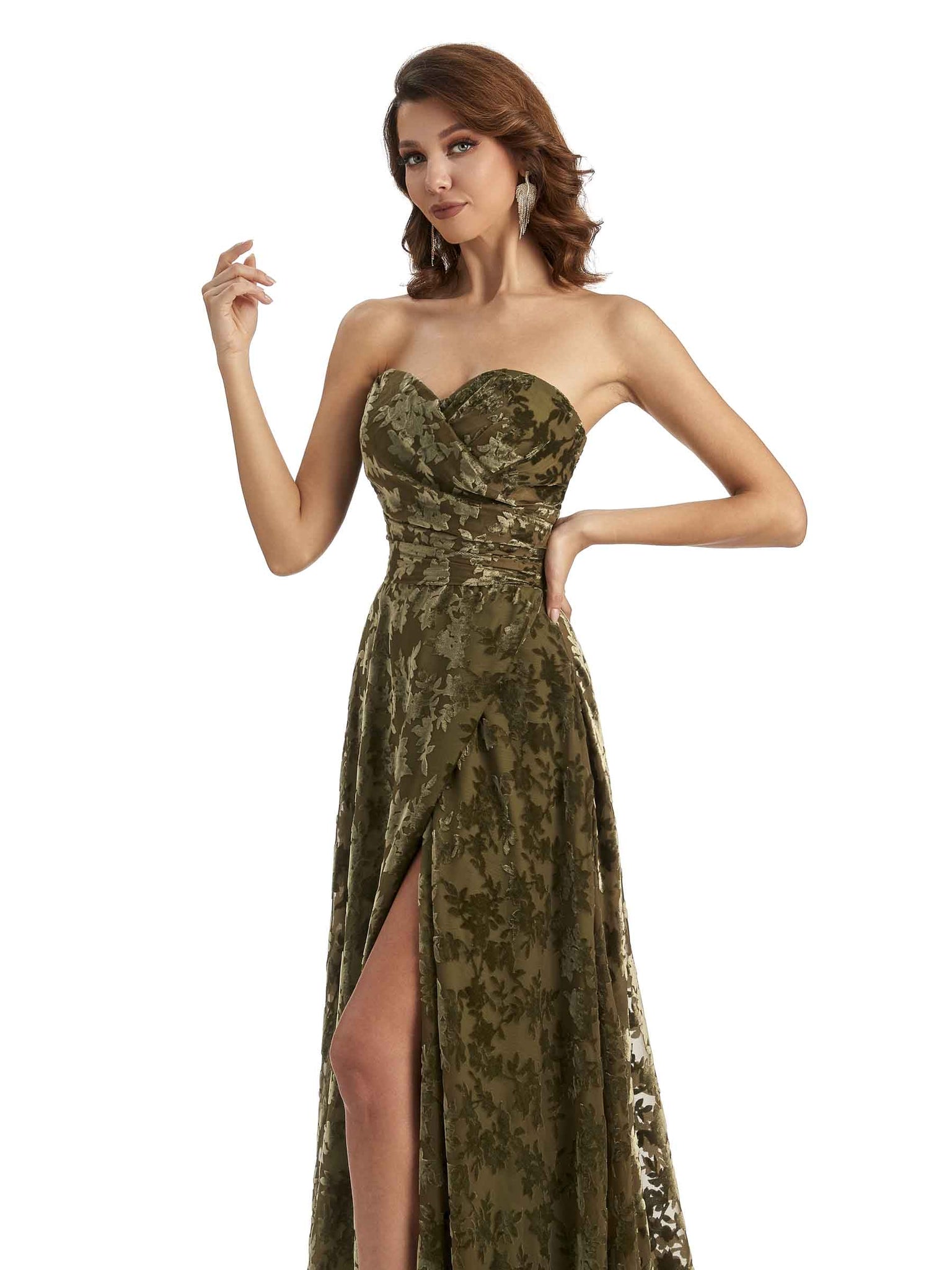 Sexy Side Slit Strapless Velvet Floral Sweetheart Long Bridesmaid Dresses UK Online