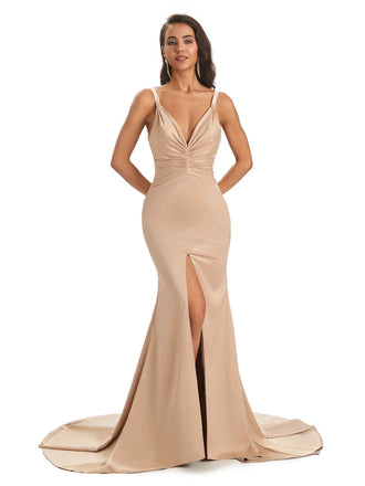 Elegant Soft Satin Spaghetti Straps V-Neck Middle Slit Floor-Length Mermaid Prom Dresses