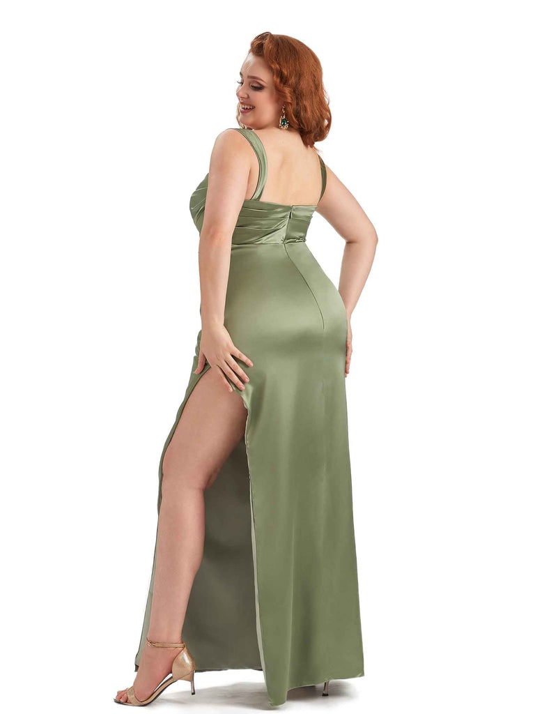 Sexy Side Slit Mermaid Straps Soft Satin Long Plus Size Maid of Honour Dresses