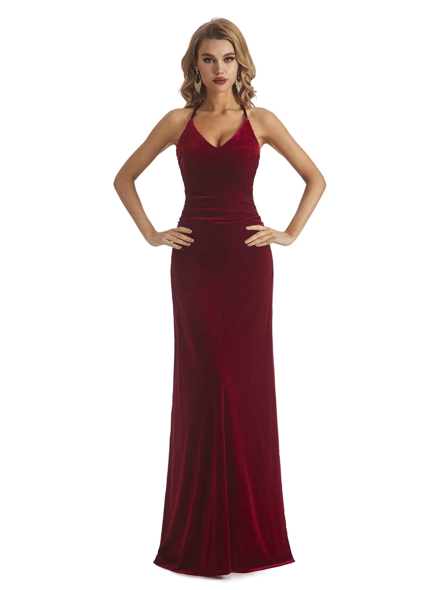 Elegant Mermaid V-neck Slip Velvet Dresses for Maid of Honor Bridesmaids Online UK