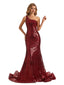 Sparkly Dark Red Sequin Mermaid Sleeveless One Shoulder Floor-length Long Prom Dresses