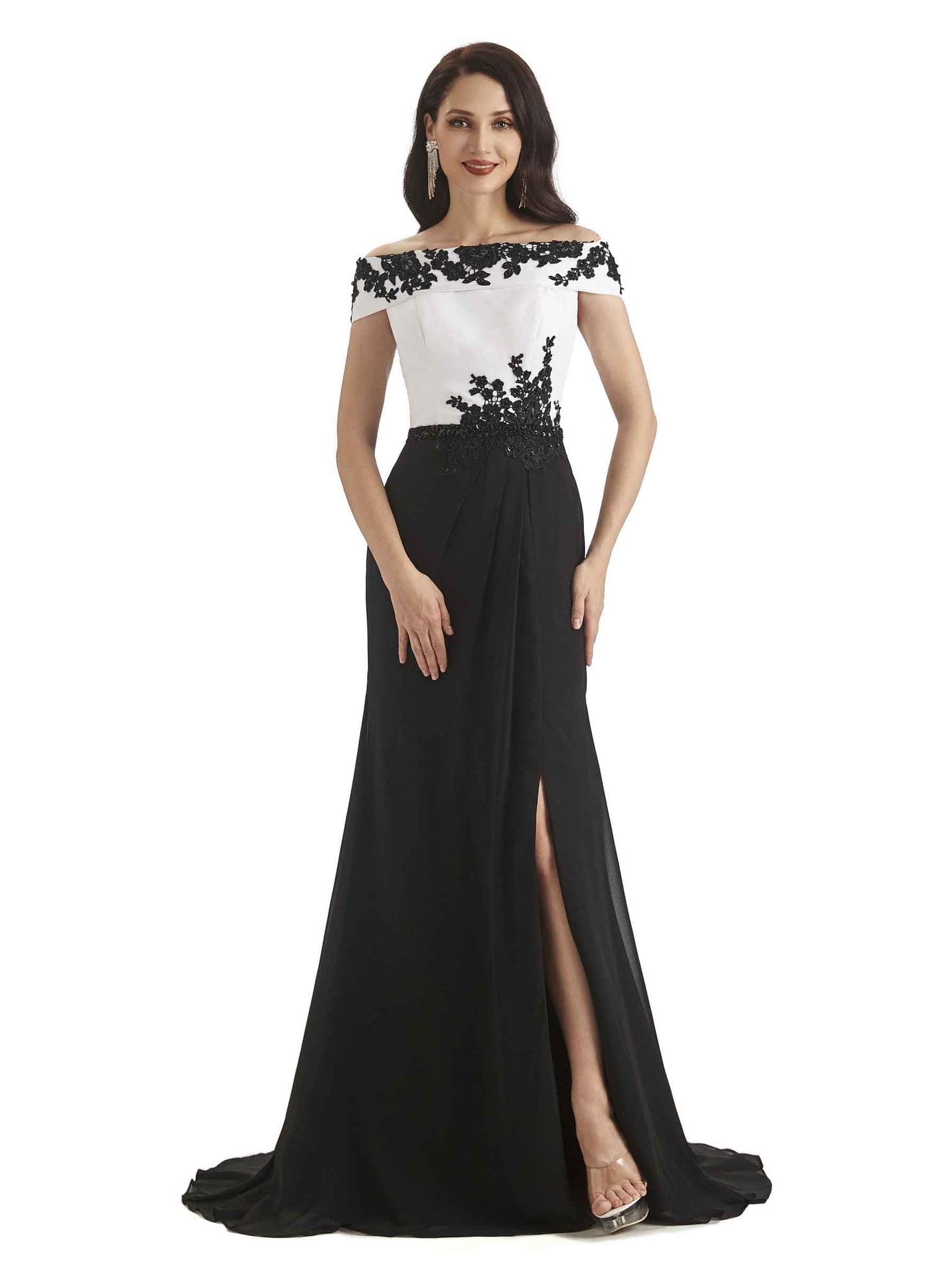 Sexy Side Slit Mermaid Off The Shoulder Black and White Long Mother of The Bride Dresses