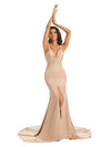 Elegant Soft Satin Spaghetti Straps V-Neck Middle Slit Floor-Length Mermaid Prom Dresses