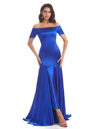 Short Sleeves Soft Satin Mermaid Off The Shoulder High Low Mother Of The Bride Dresses