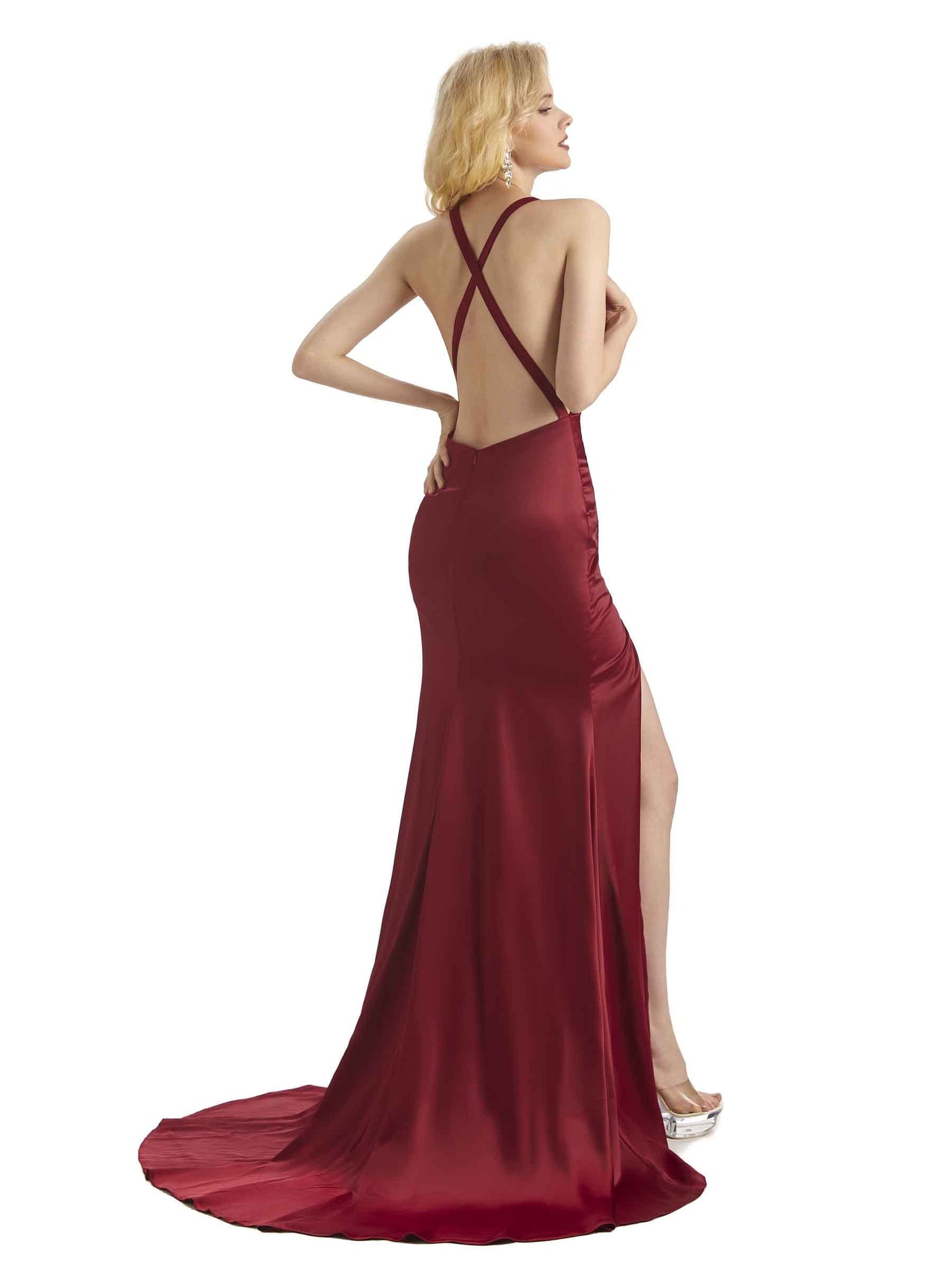 Sexy Cowl Neck Silky Satin Side Slit Criss Cross Maxi Mermaid Bridesmaid Dresses UK