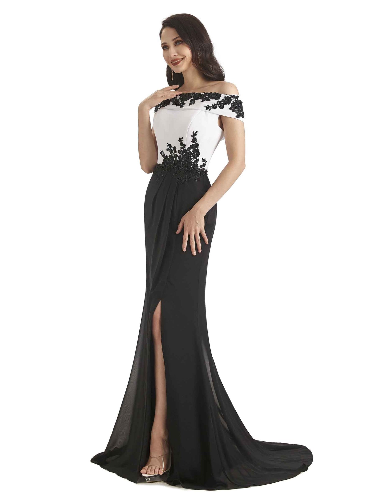 Sexy Side Slit Mermaid Off The Shoulder Black and White Long Mother of The Bride Dresses