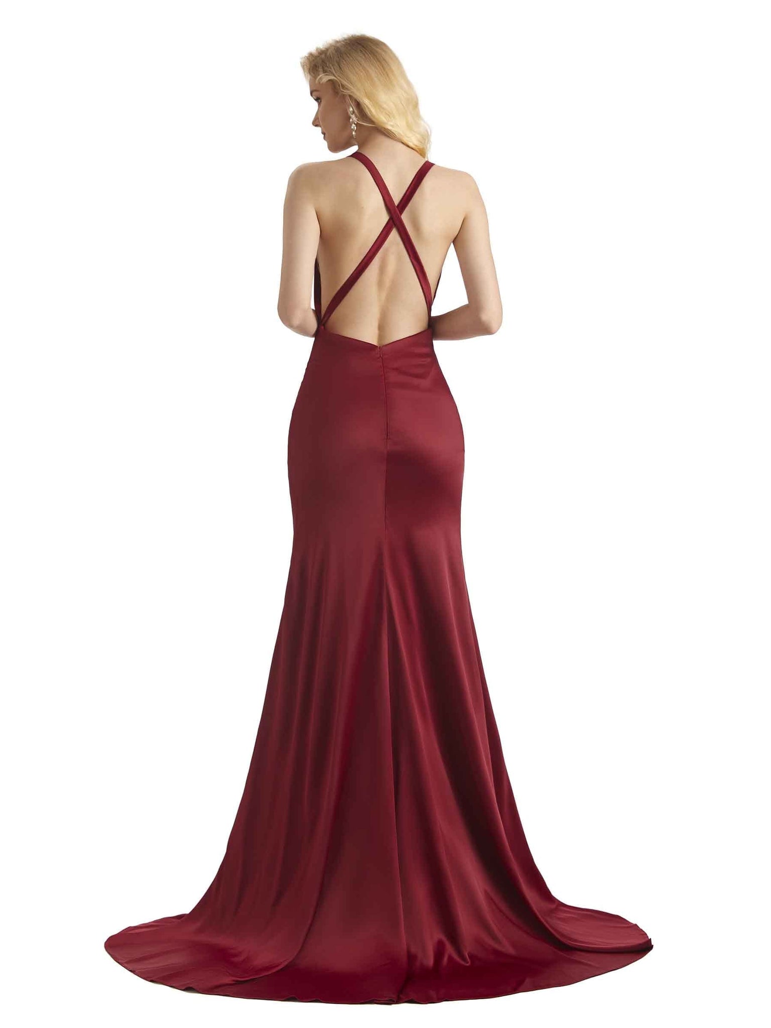 Sexy Cowl Neck Silky Satin Side Slit Criss Cross Maxi Mermaid Bridesmaid Dresses UK