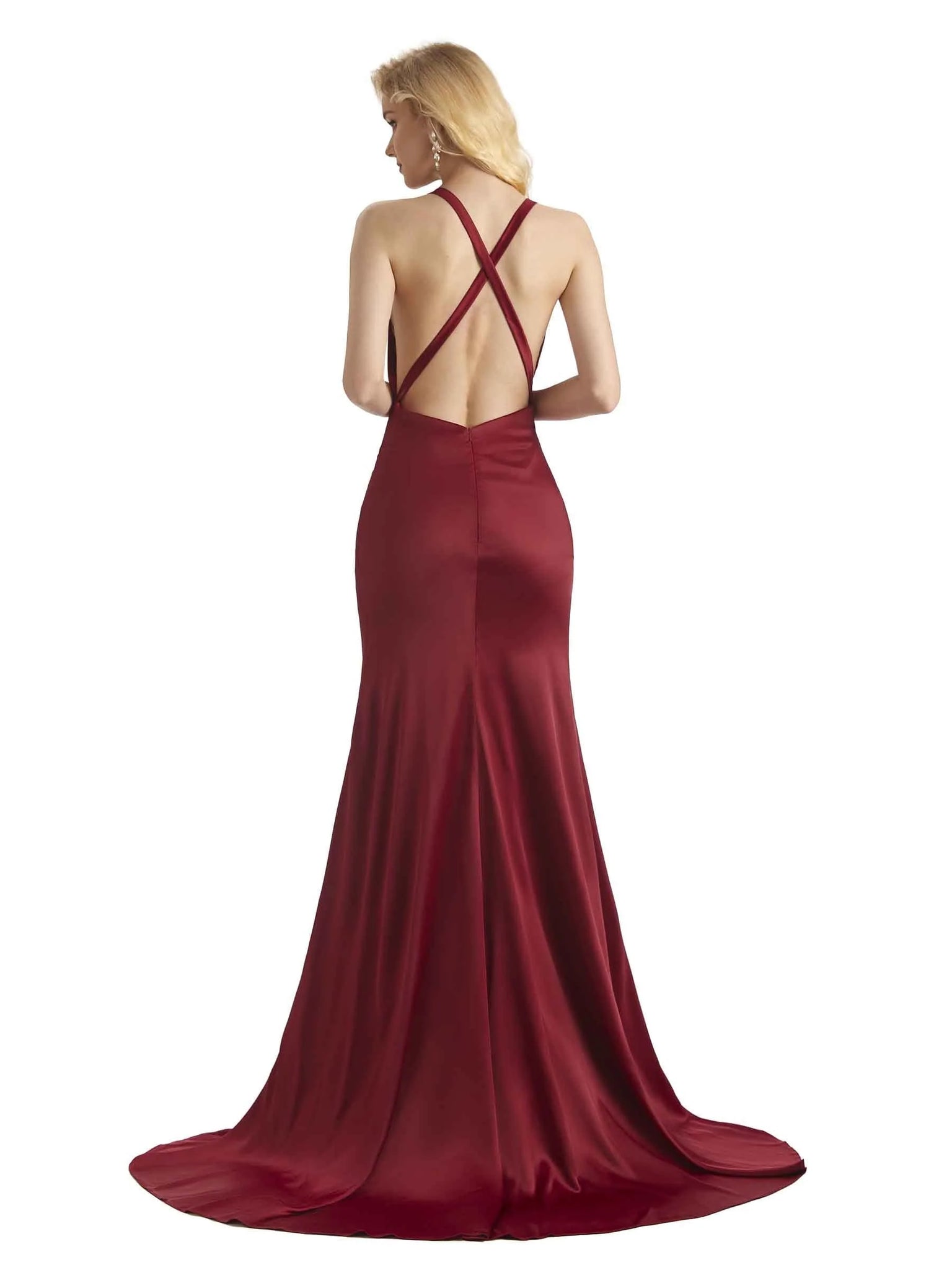 Sexy Cowl Neck Soft Satin Side Slit Criss Cross Long African Mermaid Prom Dresses