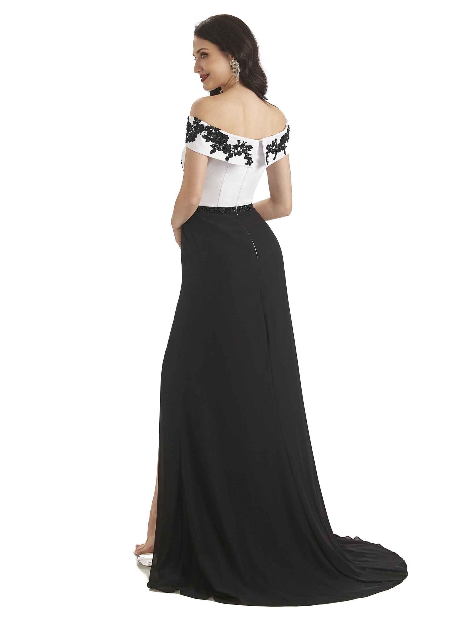 Sexy Side Slit Mermaid Off The Shoulder Black and White Long Mother of The Bride Dresses