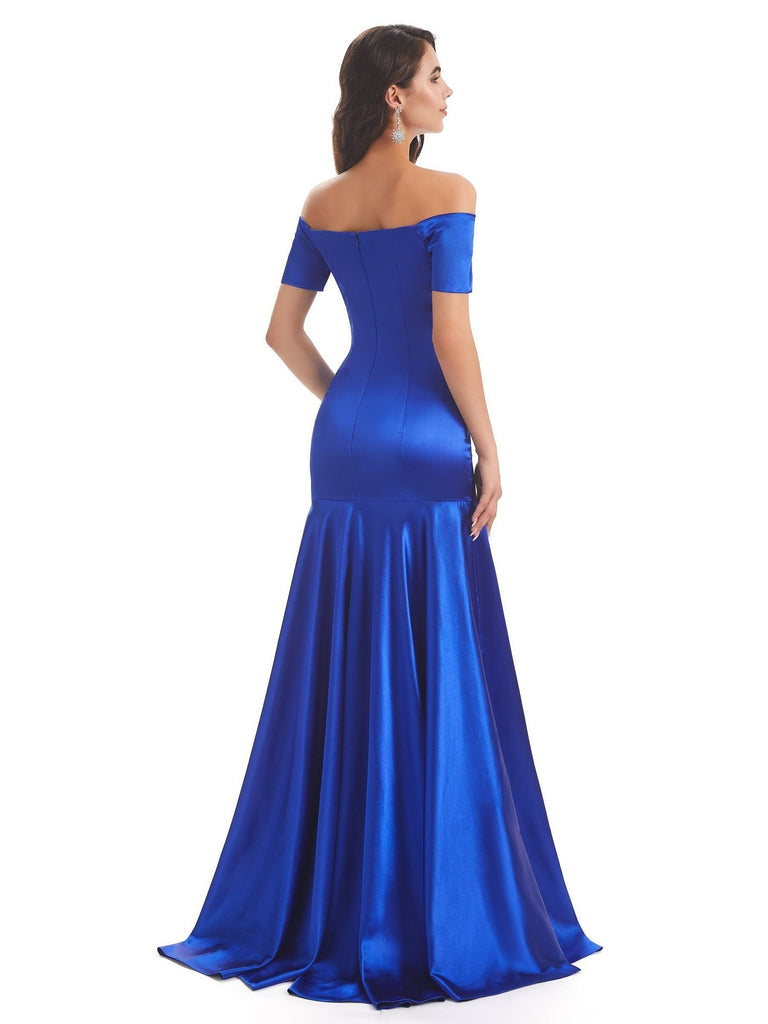 Short Sleeves Soft Satin Mermaid Off The Shoulder High Low Mother Of The Bride Dresses