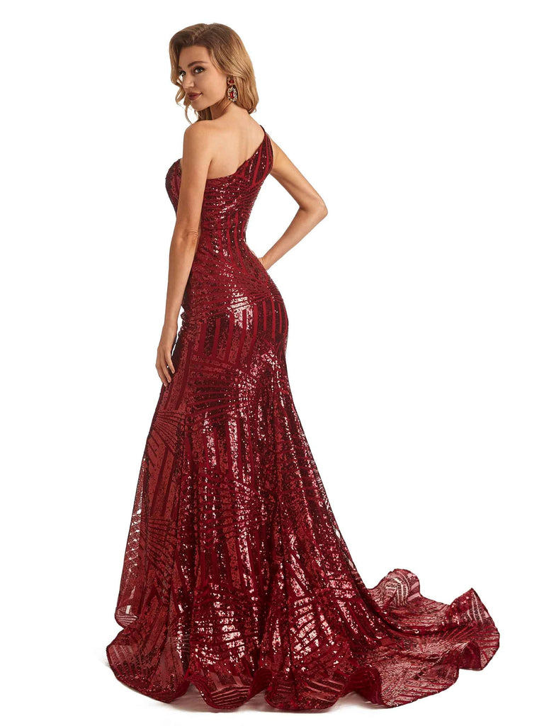 Sparkly Dark Red Sequin Mermaid Sleeveless One Shoulder Floor-length Long Prom Dresses