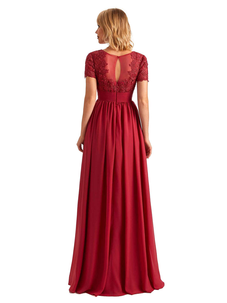 Elegant Side Slit Chiffon Short Sleeves Mother of The Bride Floor Length Dresses UK