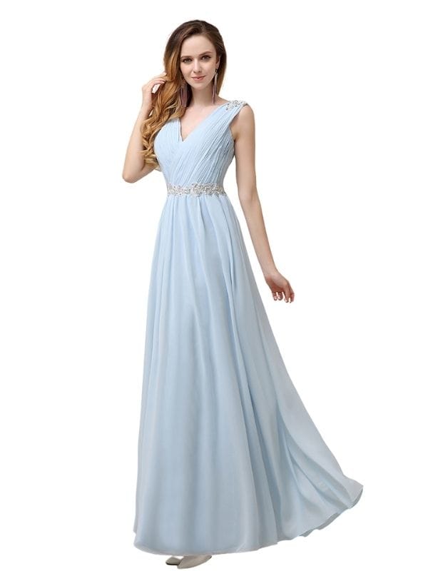 A-line Chiffon V-Neck Floor-Length Applique Belt Long Bridesmaid Dresses