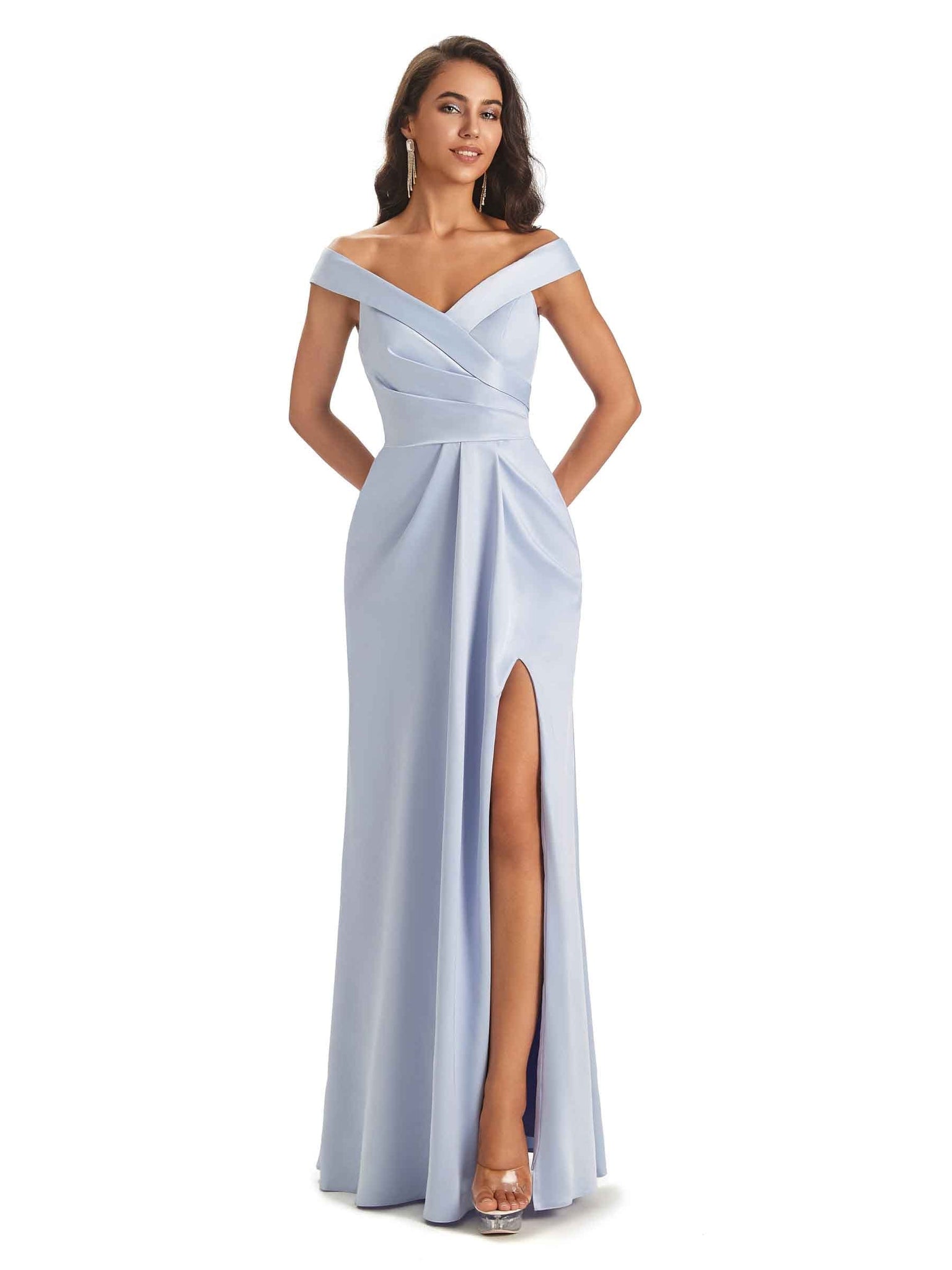 Sexy Satin Side Slit Off The Shoulder V-Neck Long Bridesmaid Dresses UK