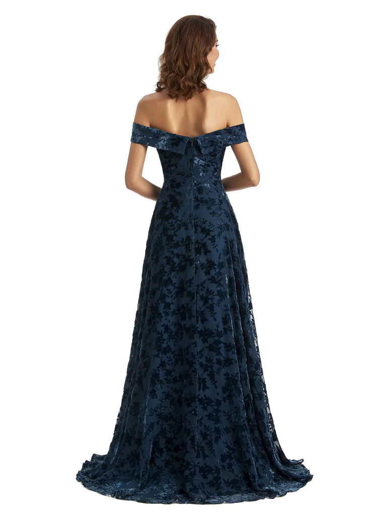 Sexy Side Slit A-Line Lace Velvet Off Shoulder Long Bridesmaid Dresses Online - ChicSew chicsewuk Sexy Side Slit A-Line Lace Velvet Off Shoulder Long Bridesmaid Dresses Online - ChicSew chicsewuk