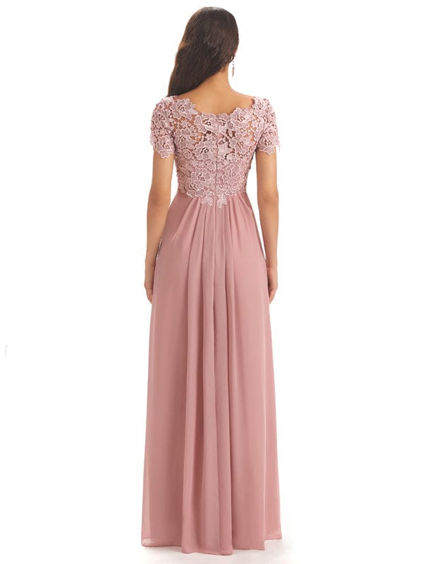 Elegant Chiffon Short Sleeves Scoop Lace Mother Of The Groom Dresses UK