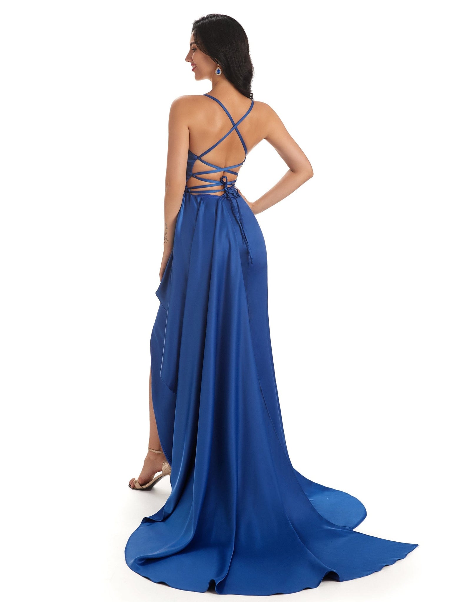 Sexy Spaghetti Straps Soft Satin Side Slit Pleats Chapel Train Mermaid Prom Dresses