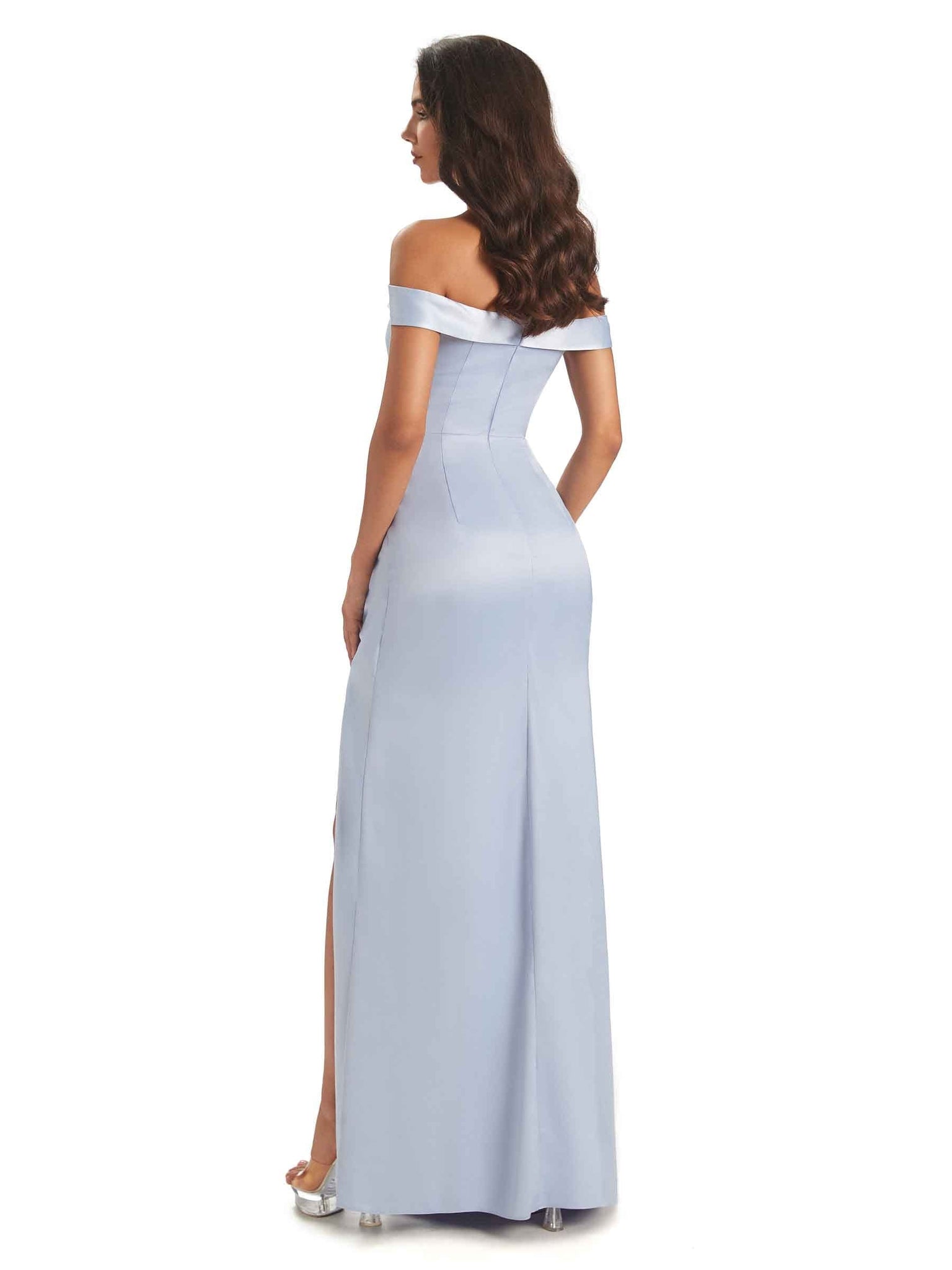 Sexy Satin Side Slit Off The Shoulder V-Neck Long Bridesmaid Dresses UK
