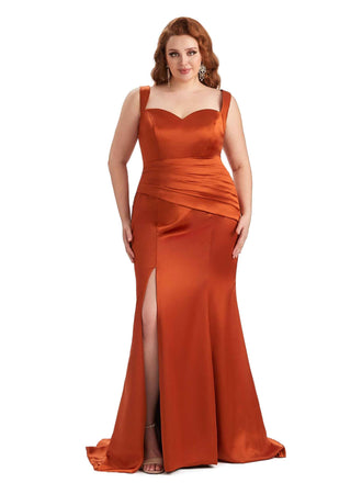 Sexy Side Slit Mermaid Sweetheart Straps Soft Satin Long Plus Size Maid of Honor Dresses