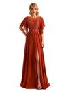 Elegant Side Slit Chiffon Short Sleeves Lace Long Grandmother of the Brides Dresses UK