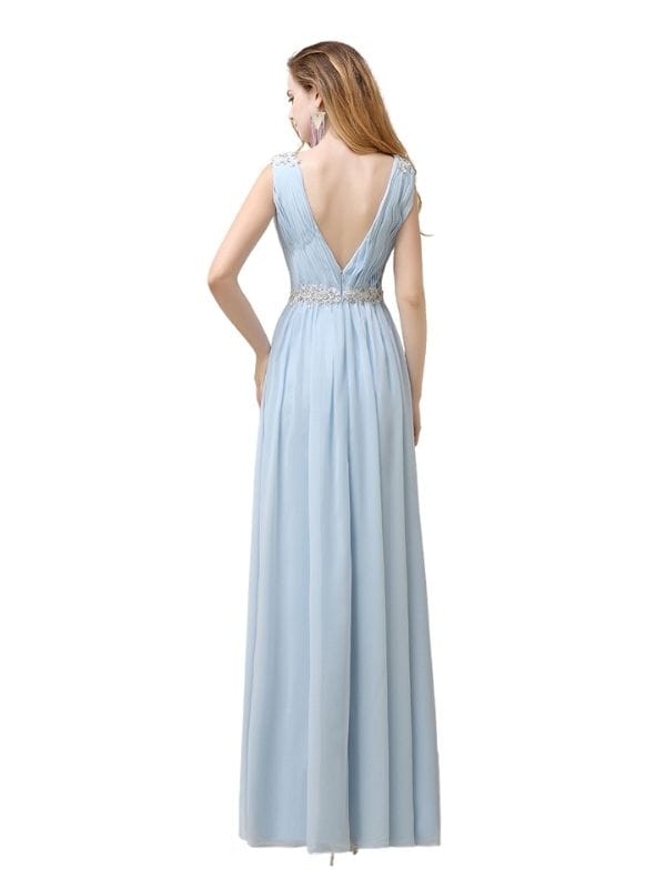 A-line Chiffon V-Neck Floor-Length Applique Belt Long Bridesmaid Dresses