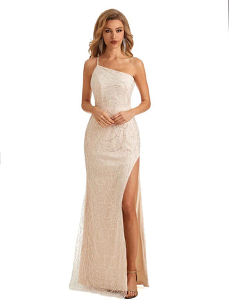 Elegant Sheath Spaghetti Strap One Shoulder Sleeveless Floor-length Long Prom Dresses