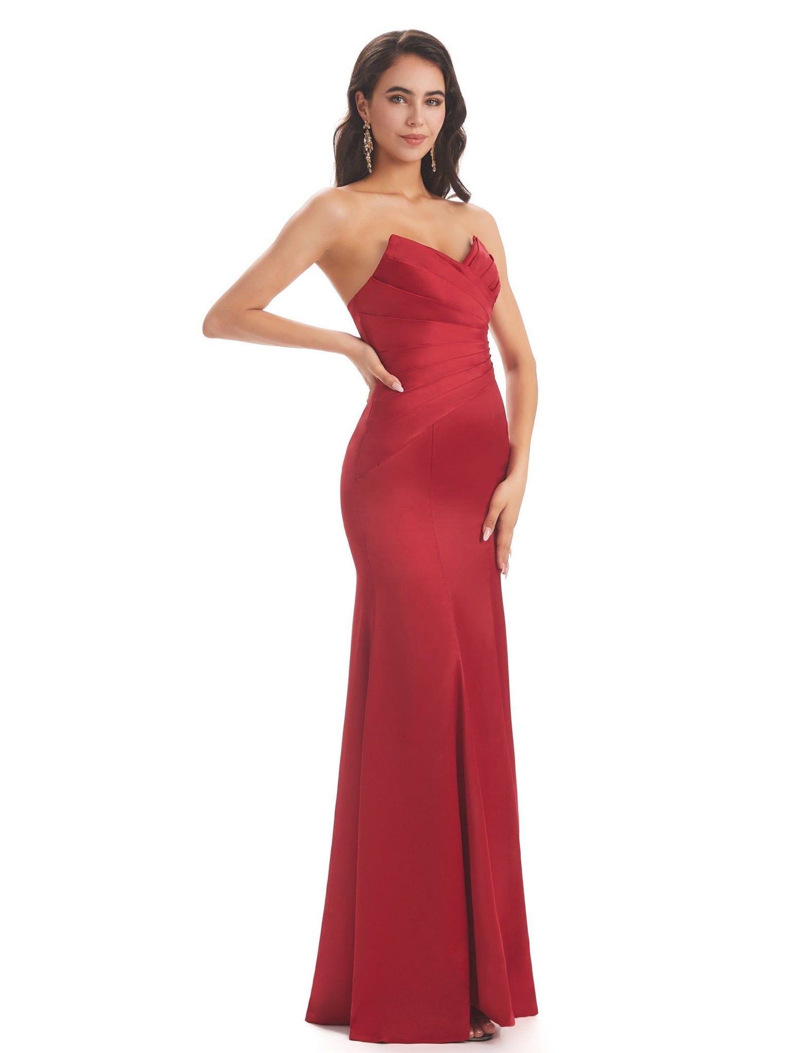 Simple Strapless Sweetheart Stretch Satin Mermaid Long Bridesmaid Dresses UK