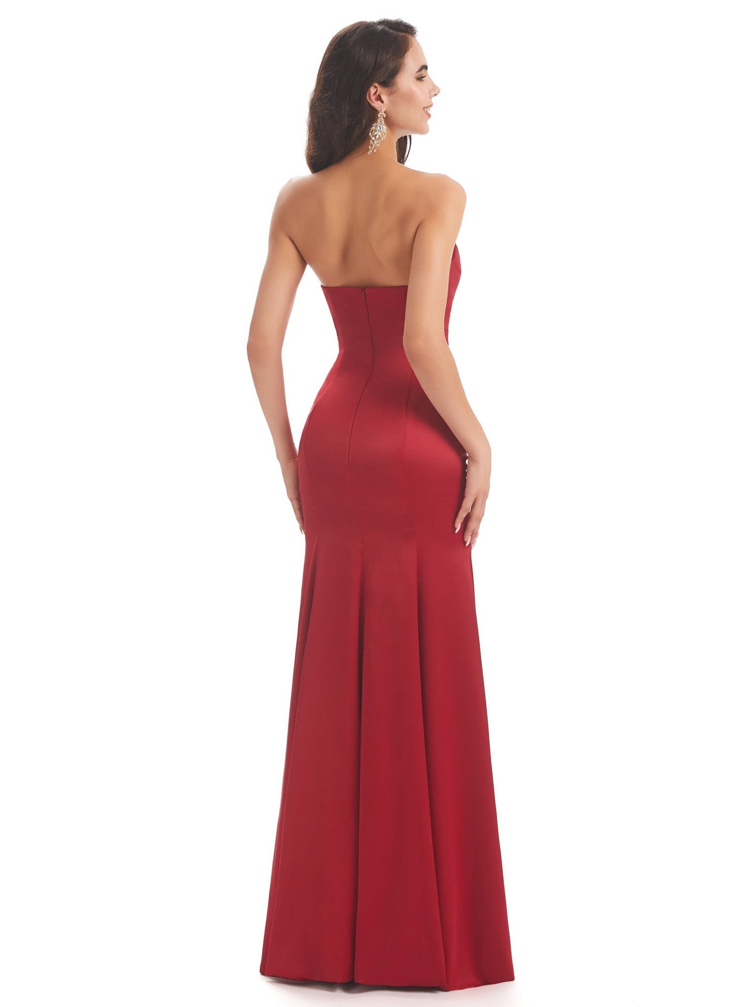 Simple Strapless Sweetheart Stretch Satin Mermaid Long Bridesmaid Dresses UK