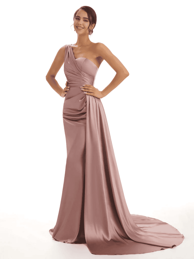 Elegant One Shoulder Soft Satin Pleats Mermaid Long Bridesmaid Dresses UK Online Sale