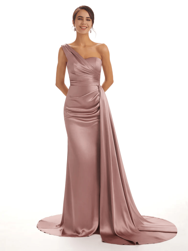 Elegant One Shoulder Soft Satin Pleats Mermaid Long Bridesmaid Dresses UK