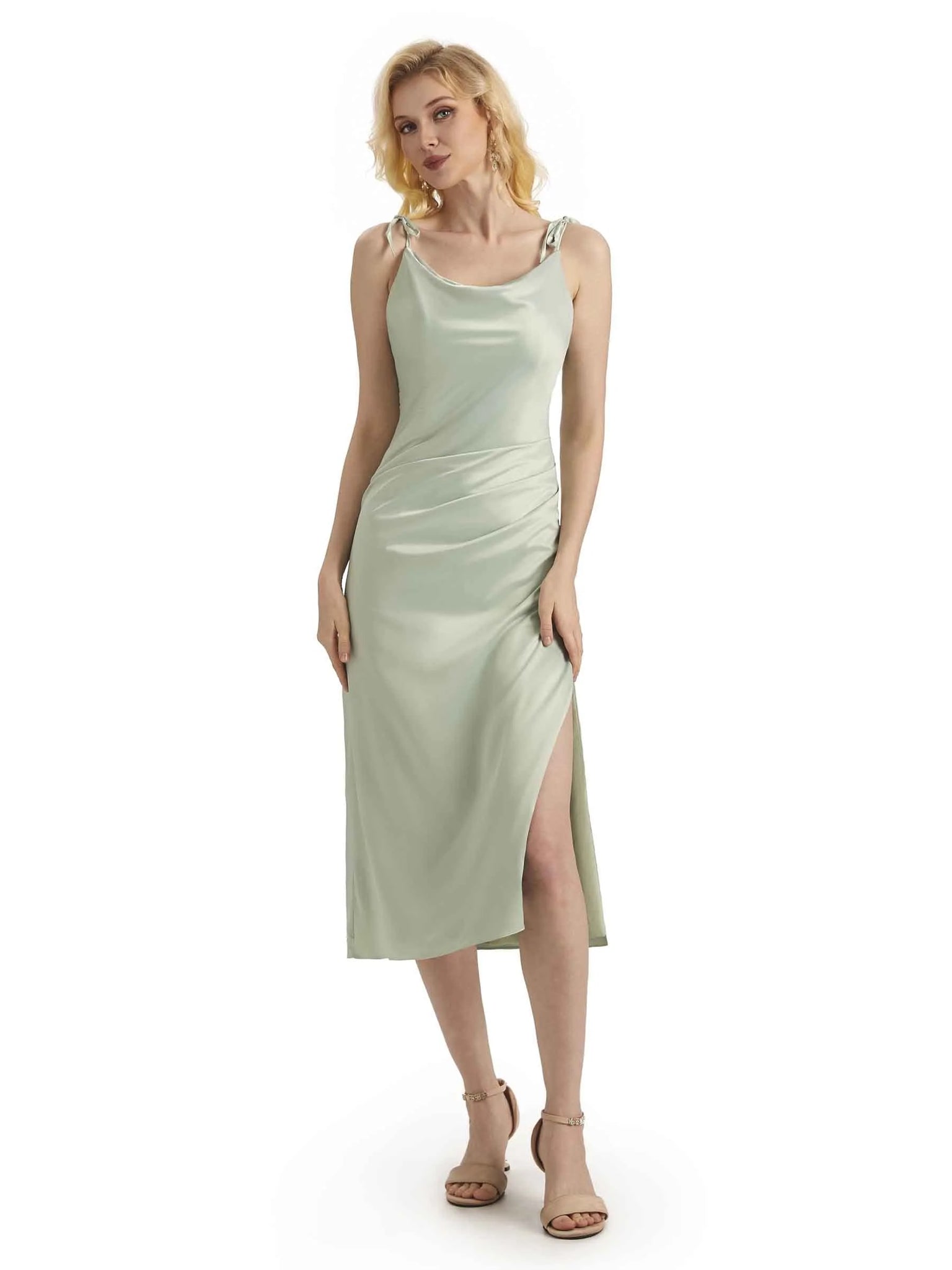 Sexy Soft Satin Side Slit Spaghetti Straps Short Midi Mermaid Prom Dresses