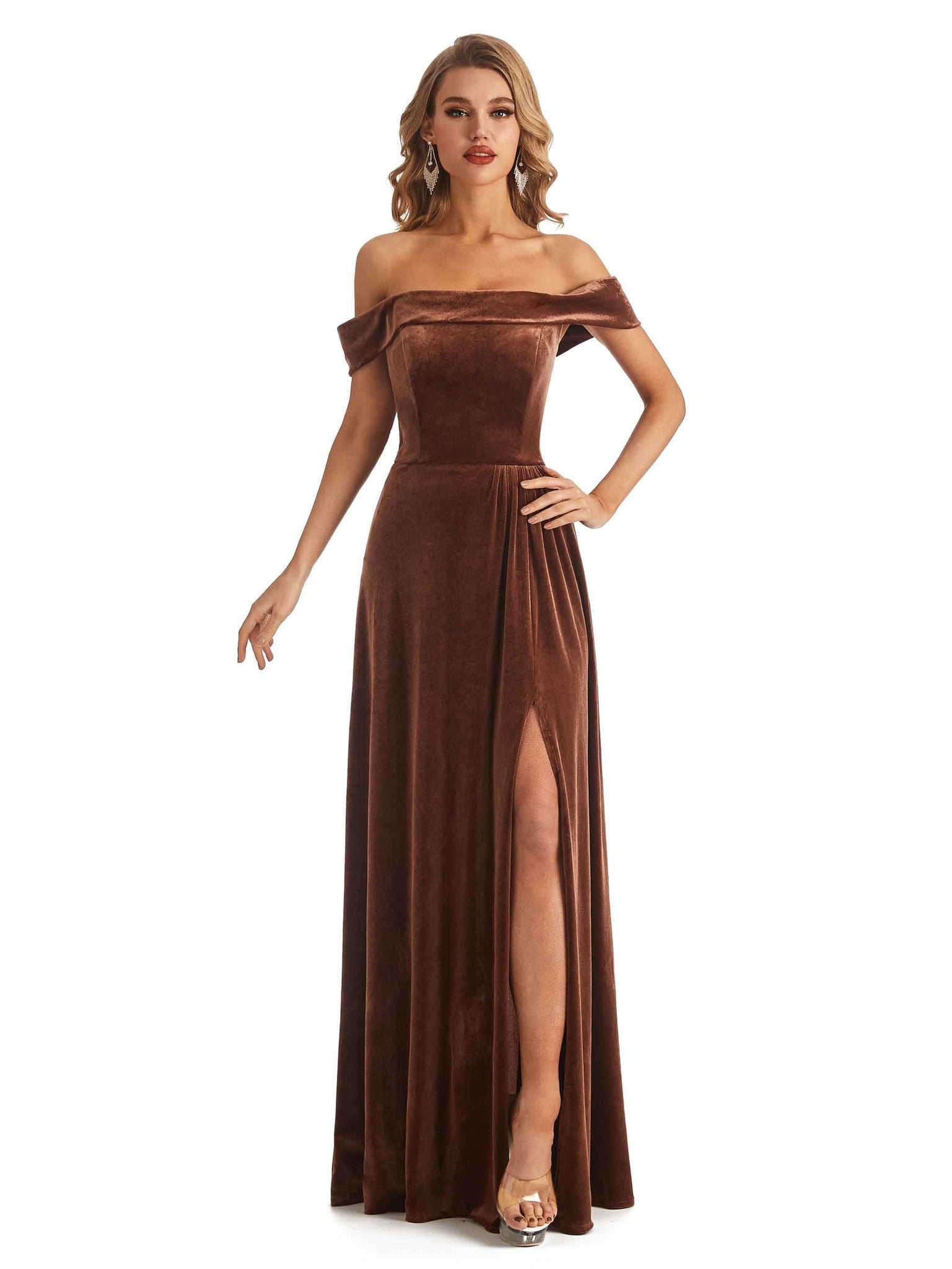 Elegant A-line Off The Shoulder Velvet Long Winter Bridesmaid Dresses UK Online