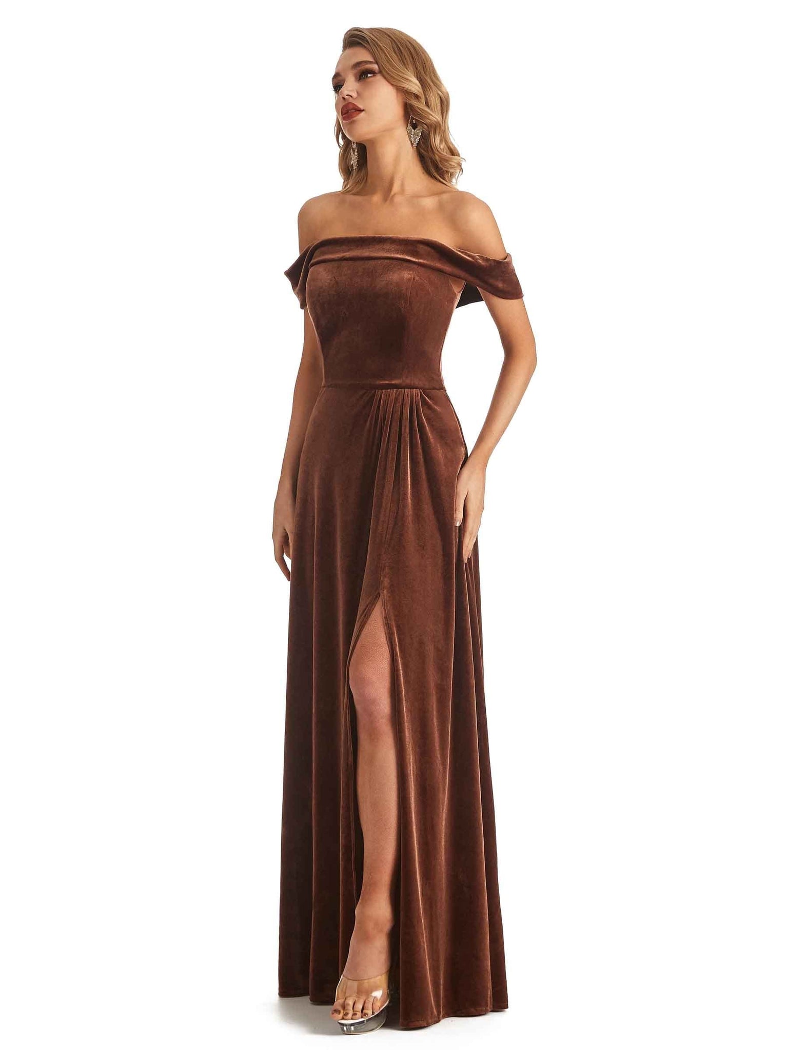 Elegant A-line Off The Shoulder Velvet Long Winter Bridesmaid Dresses UK Online