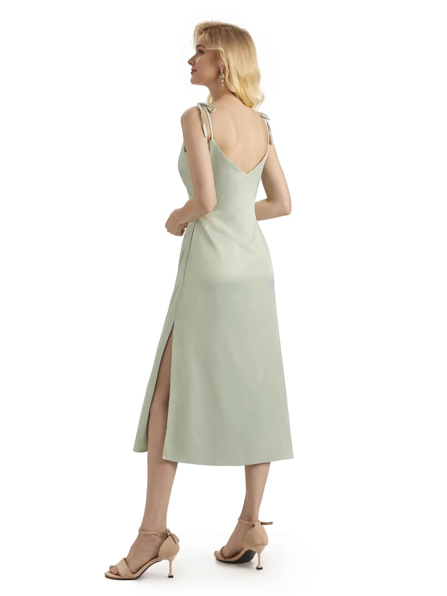 Sexy Soft Satin Side Slit Spaghetti Straps Short Midi Mermaid Prom Dresses