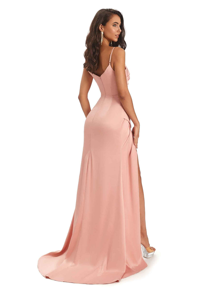 Sexy Spaghetti Straps Mermaid Soft Satin Side Slit Floor-Length Prom Dresses Online