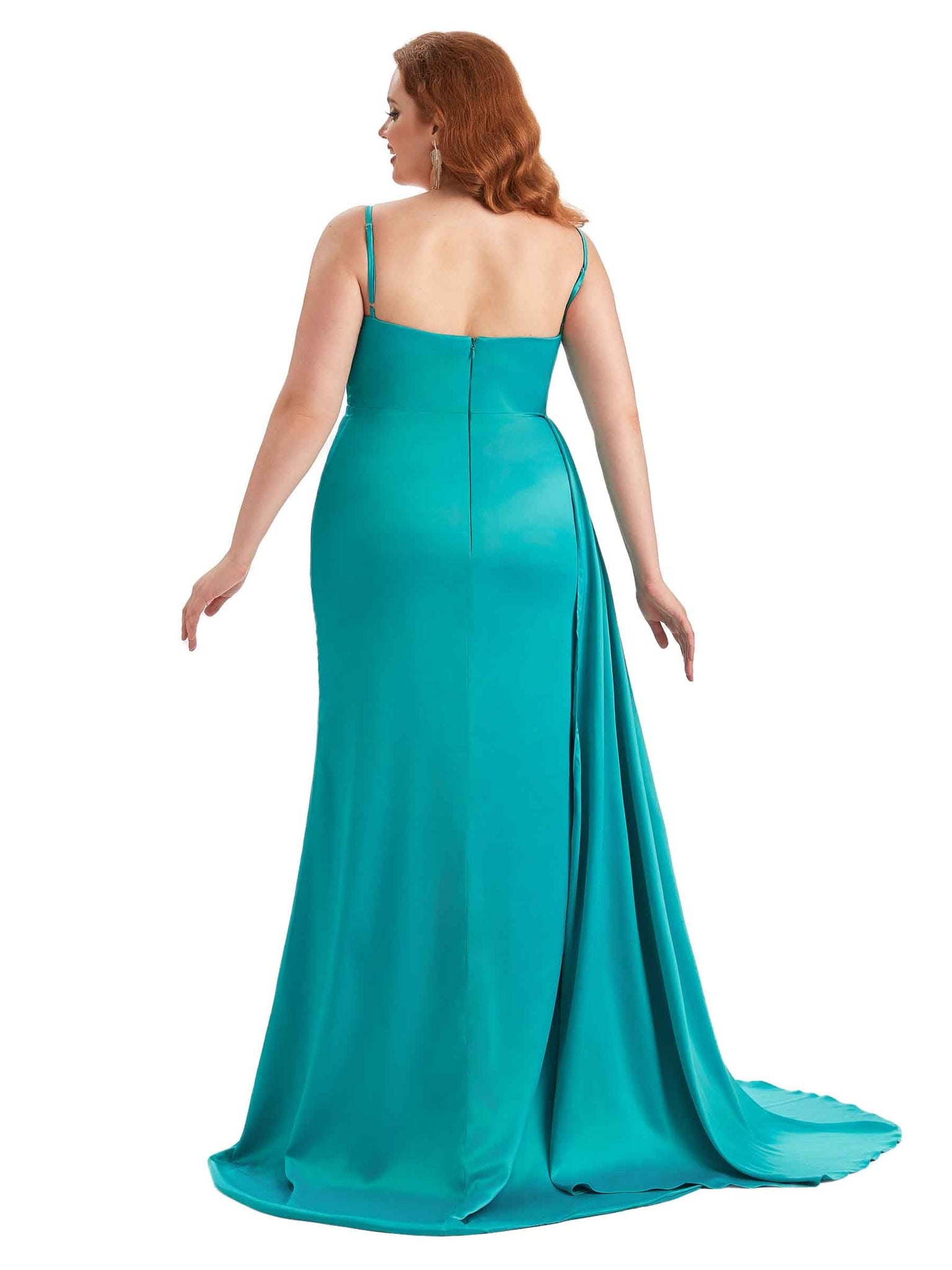 Sexy Side Slit Mermaid Spaghetti Straps Soft Satin Long Plus Size Maid of Honor Dresses