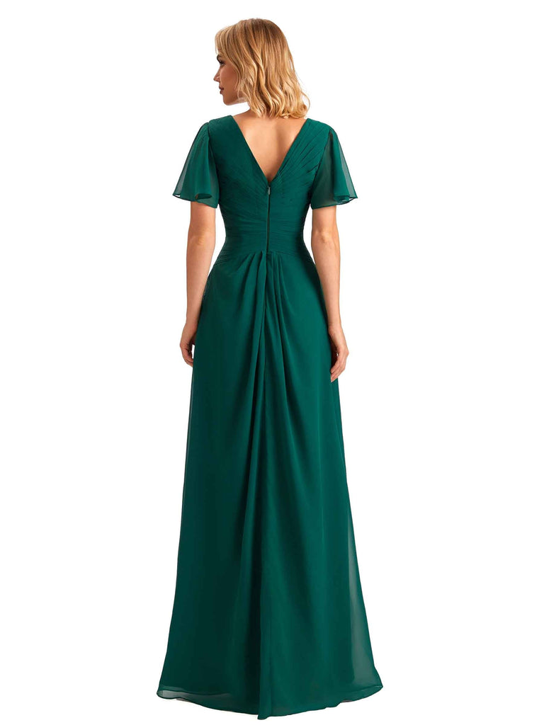 Elegant Chiffon Short Sleeves A-Line Side Slit Long Mother of the Brides Dresses UK