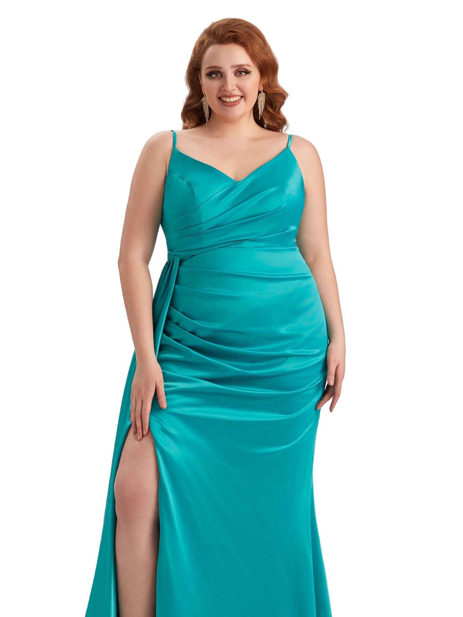 Sexy Side Slit Mermaid Spaghetti Straps Soft Satin Long Plus Size Maid of Honor Dresses