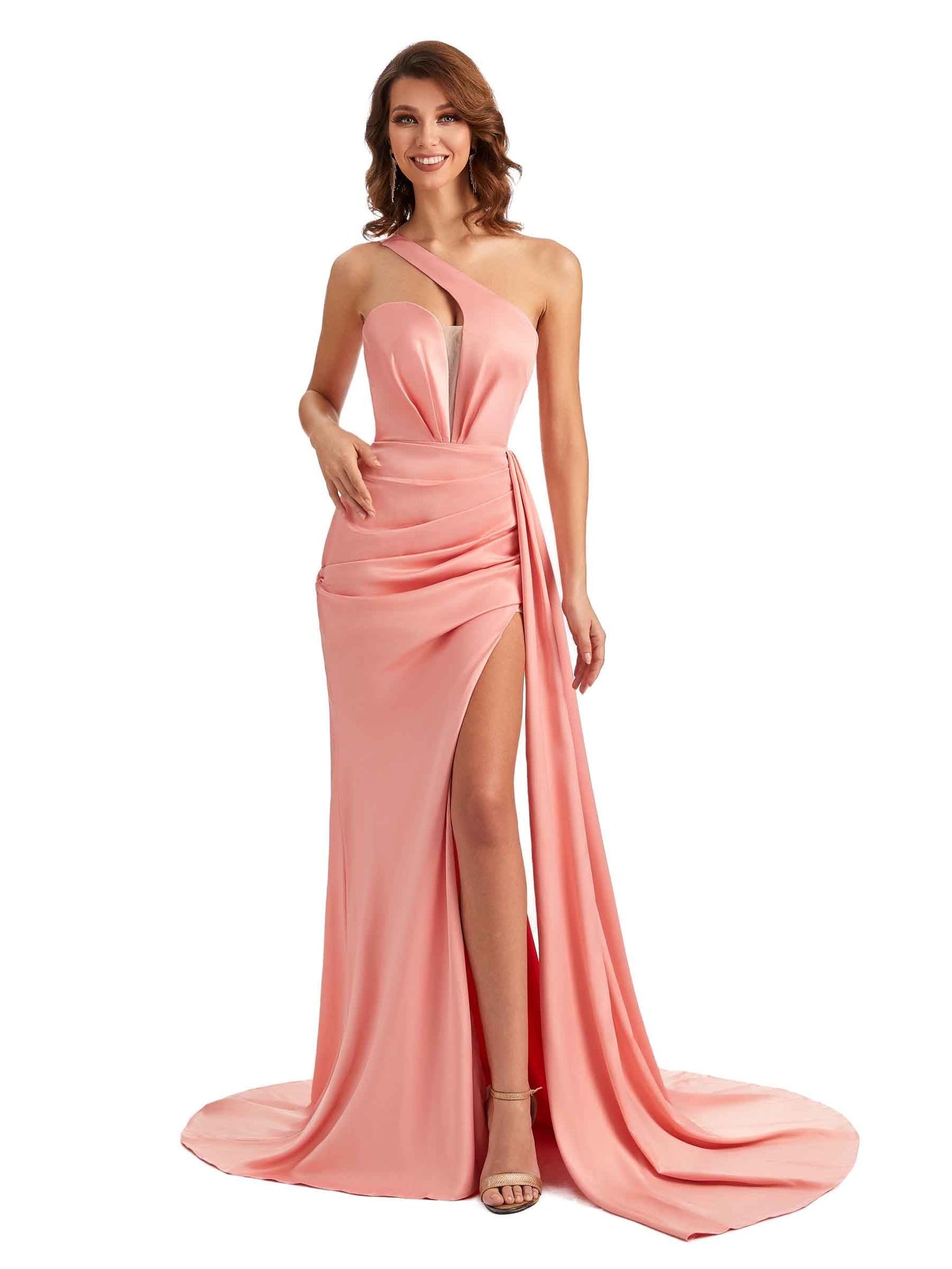 Sexy One Shoulder Soft Satin Side Slit Long Mermaid Bridesmaid Dresses UK