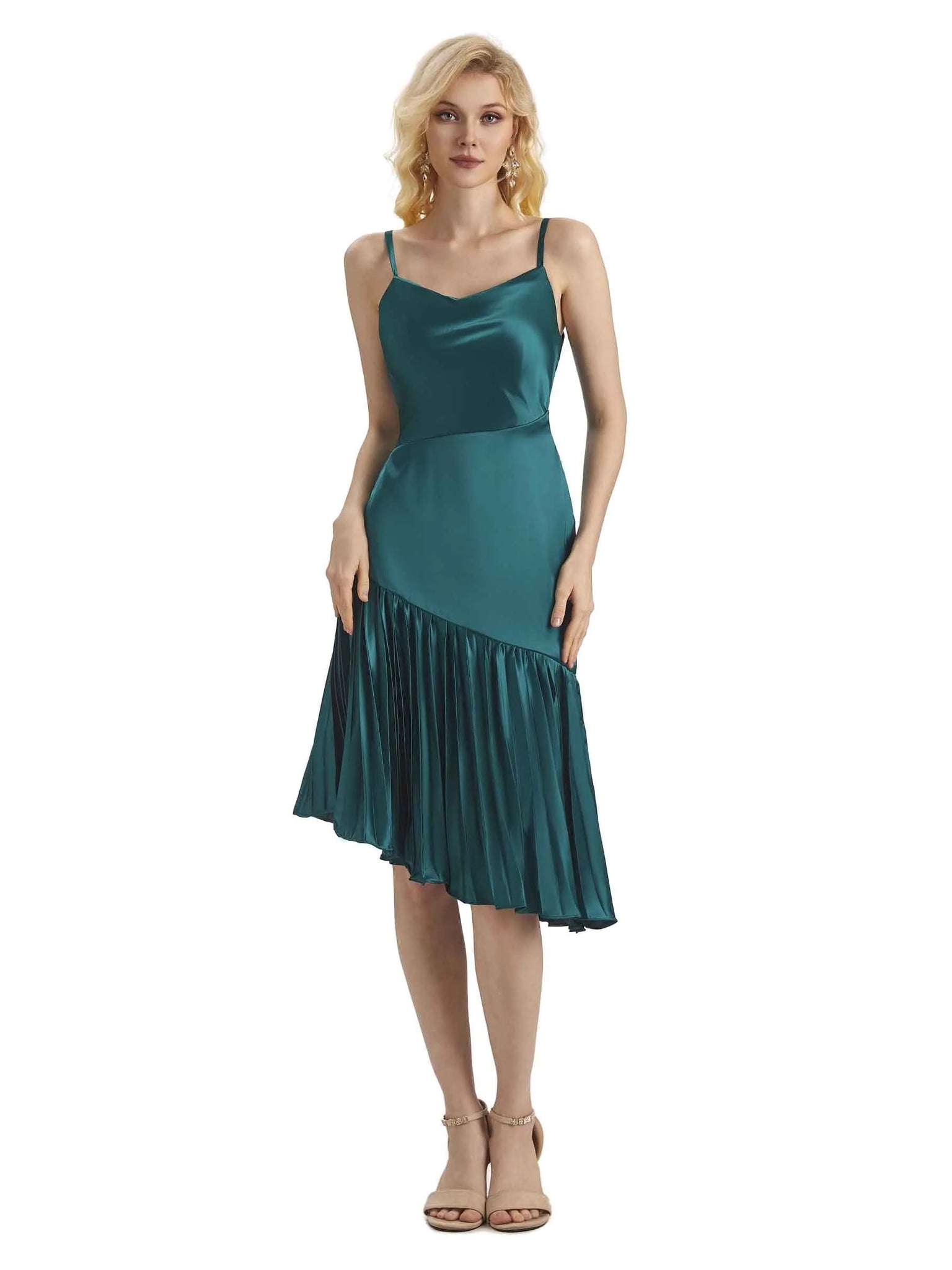 Unique Soft Satin Spaghetti Straps Short Midi Asymmetrical Prom Dresses Online