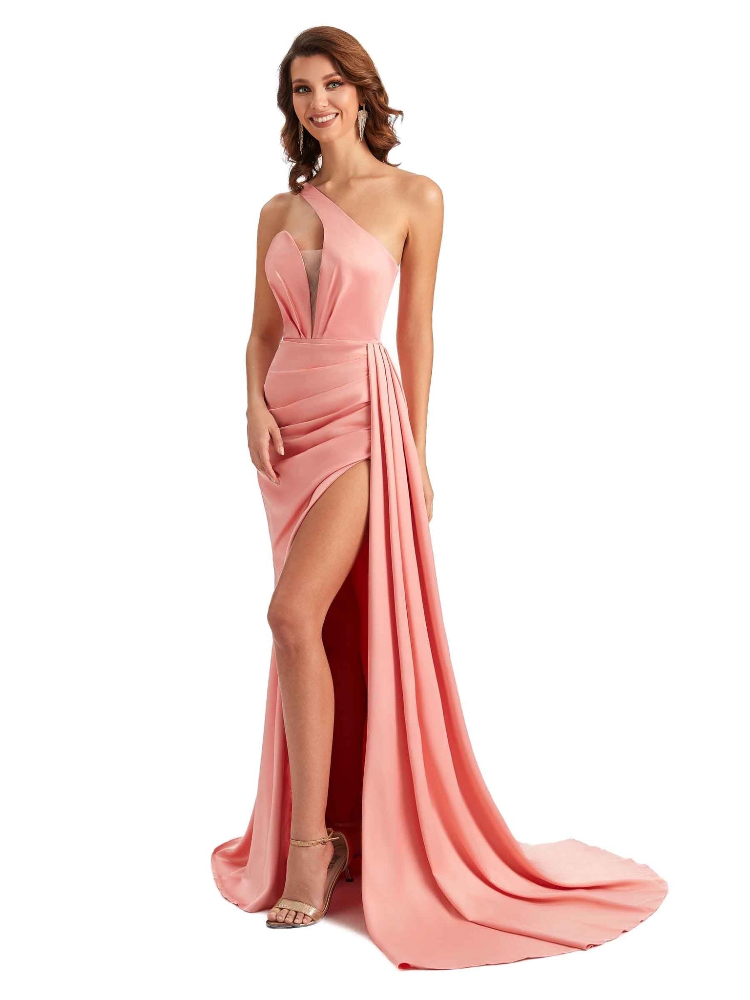 Sexy One Shoulder Soft Satin Side Slit Long Mermaid Bridesmaid Dresses UK
