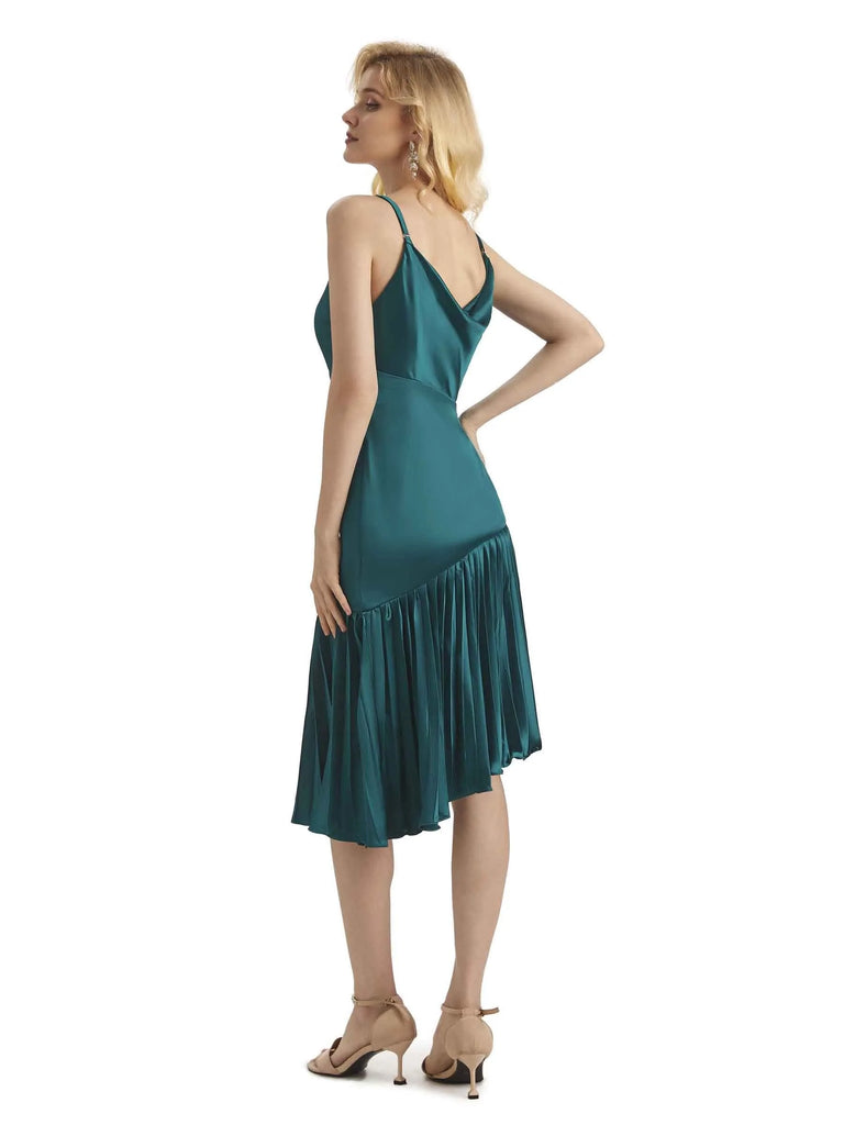 Unique Soft Satin Spaghetti Straps Short Midi Asymmetrical Prom Dresses Online