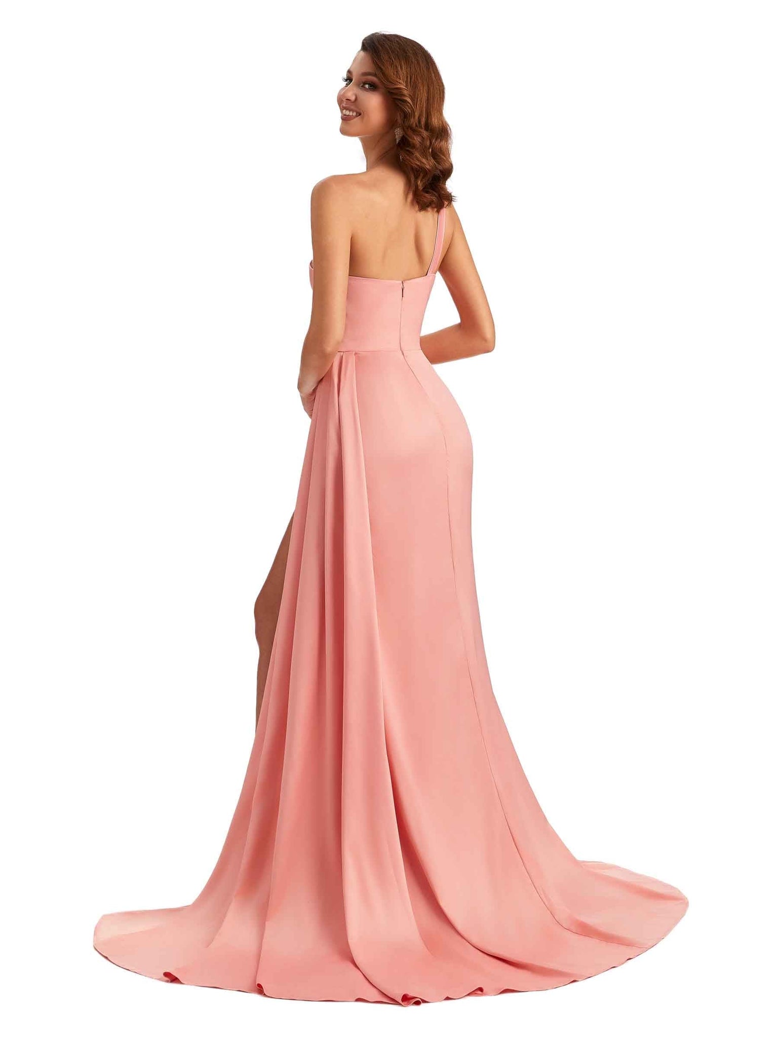 Sexy One Shoulder Soft Satin Side Slit Long Mermaid Bridesmaid Dresses UK