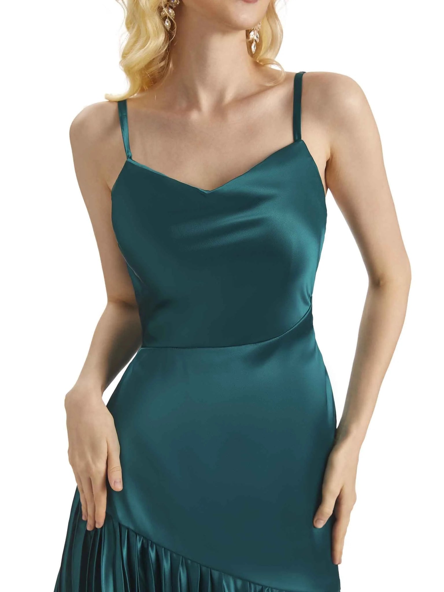 Unique Soft Satin Spaghetti Straps Short Midi Asymmetrical Prom Dresses Online