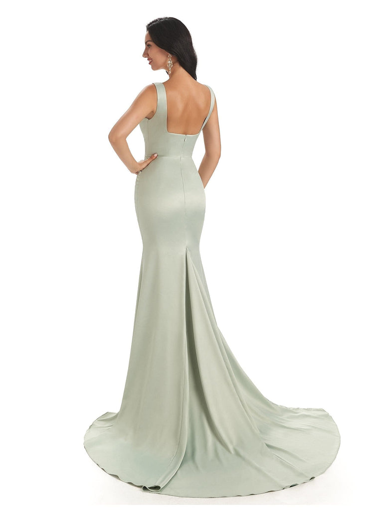 Soft Satin Unique Square Sleeveless Floor-Length Mermaid Bridesmaid Dresses Online Sale