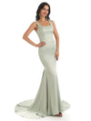 Soft Satin Unique Square Sleeveless Floor-Length Mermaid Prom Dresses