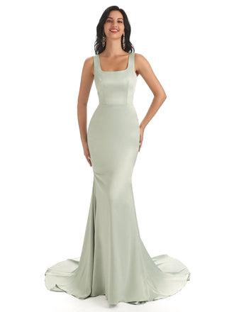 Soft Satin Unique Square Sleeveless Floor-Length Mermaid Prom Dresses