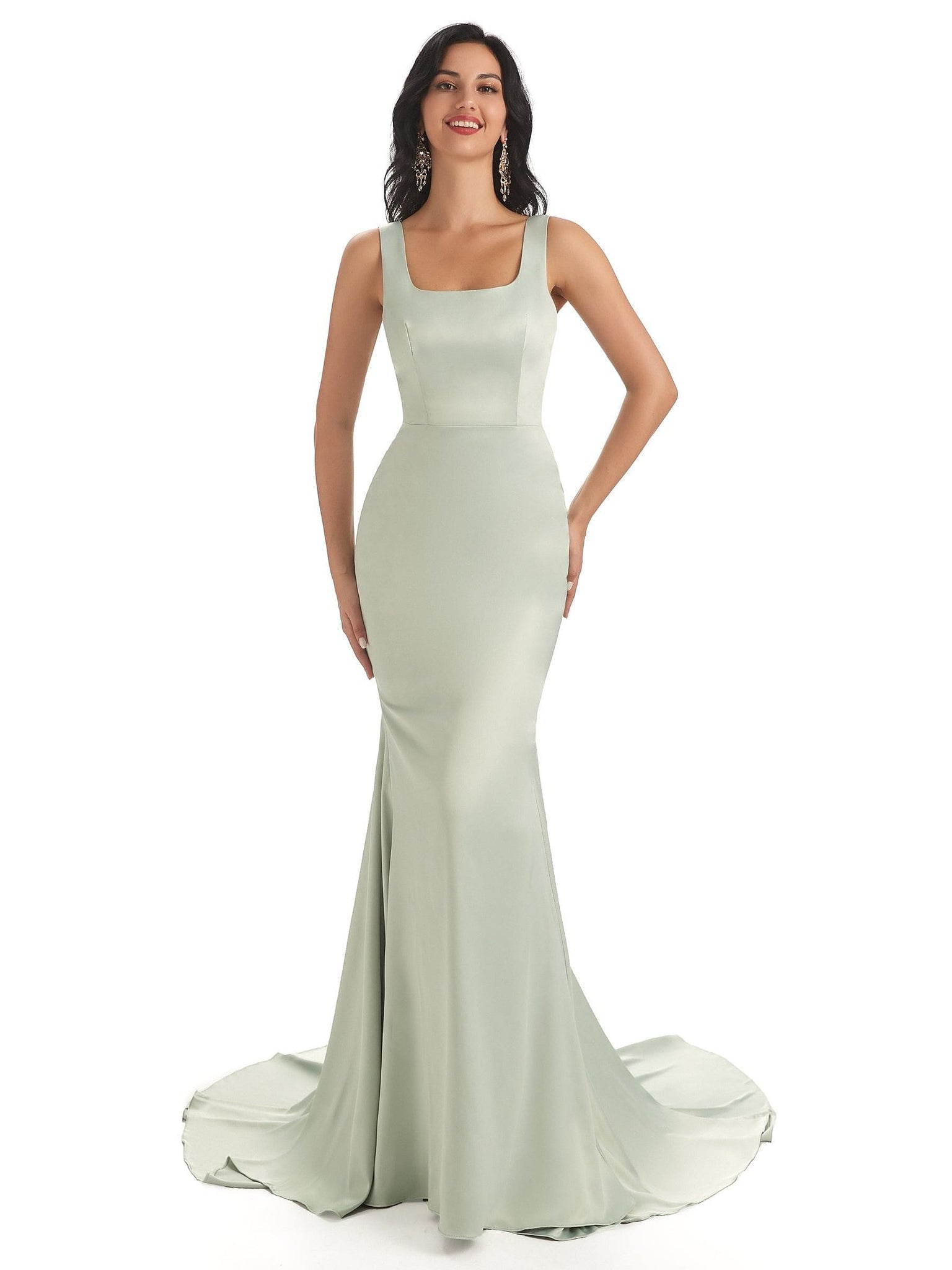 Silky Satin Unique Square Neck Long Mermaid Bridesmaid Dresses UK